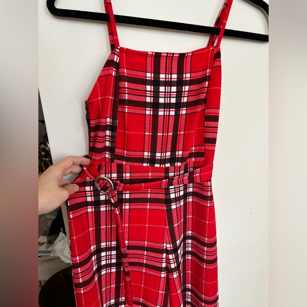 Punk 90s Grunge belted red plaid jumpsuit spaghetti straps stretchy material - Picture 2 of 8